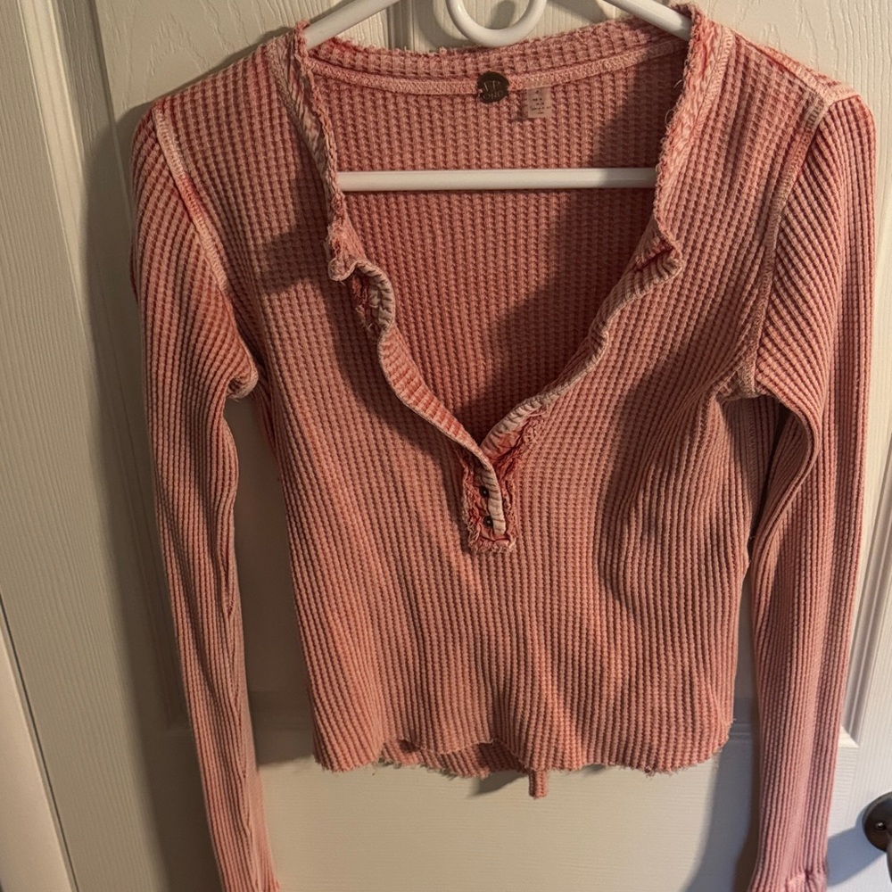 Free People Coral Waffle Knit Long Sleeve Top